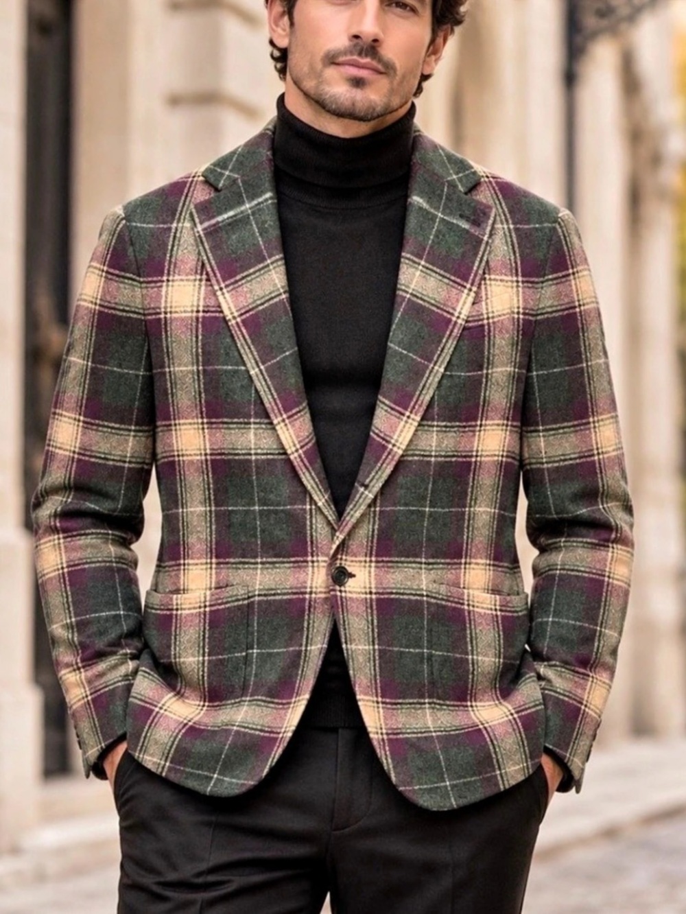 Circolo 1901 Men's Wool Cashmere Plaid Sport Coat Green Tan Burgundy Like New